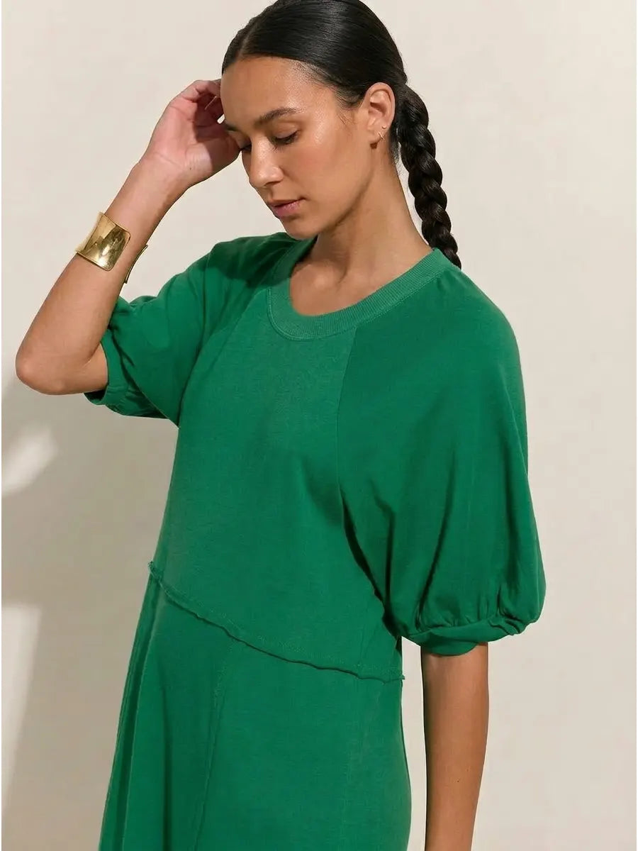 Relax Fit Bubble Short Sleeve Midi Maxi Dress, Solid Color Raglan Sleeve A-line Swing Casual Summer Dress