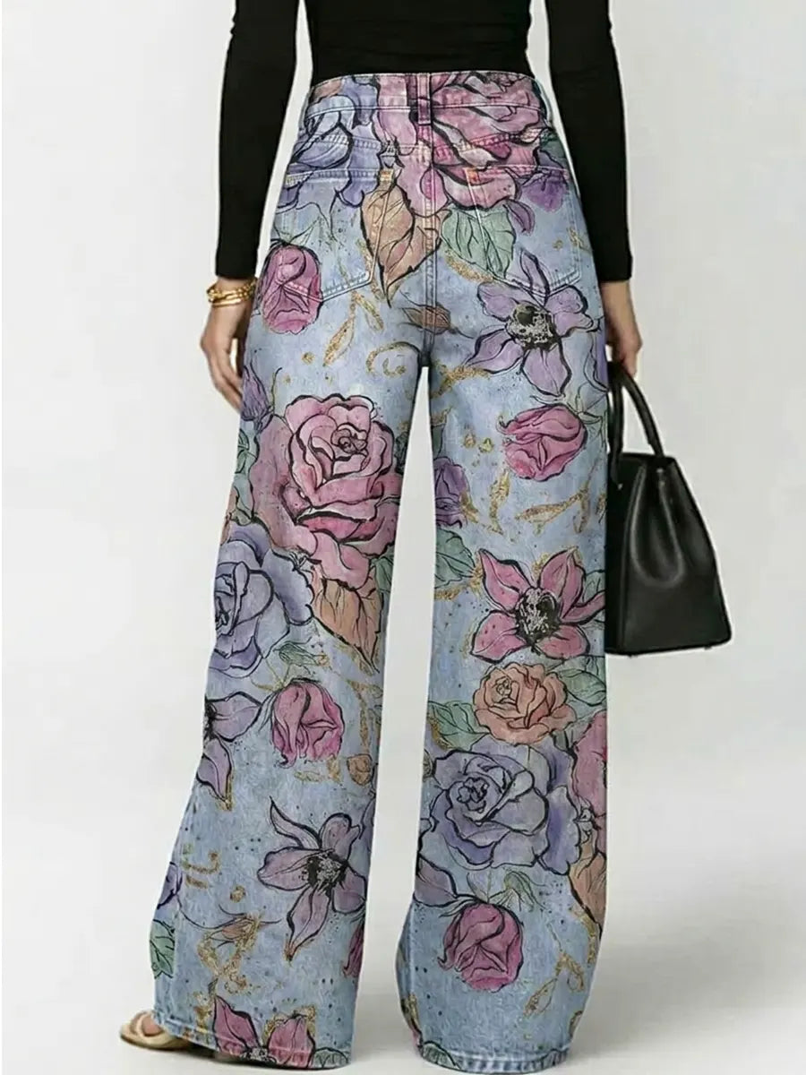 Women's Vintage Flowers Print Casual Fashion Cutout Jeans