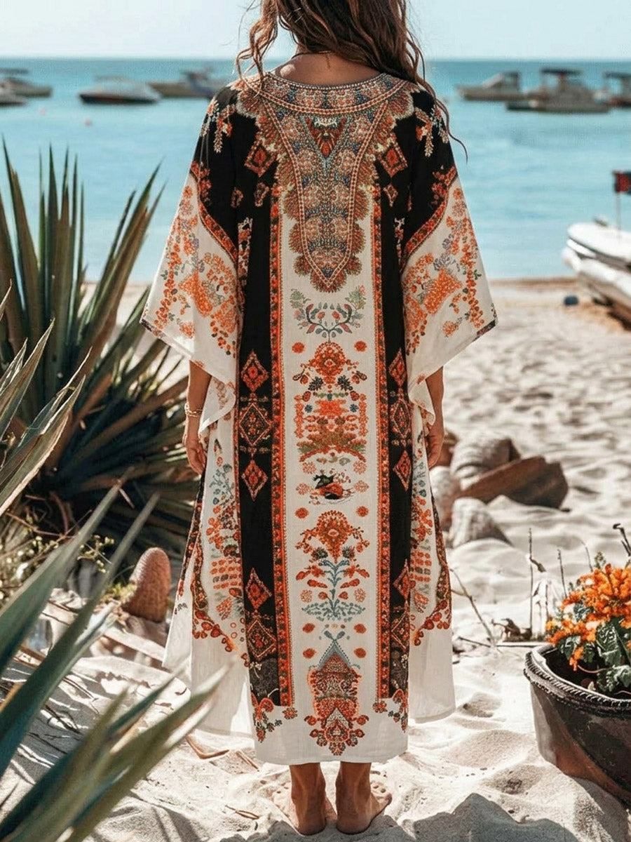 Women's Retro Ethnic Pattern Art Print Casual Cotton Linen Dress