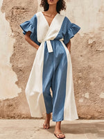 Elegant Ruffled Color-block Cotton-linen Wide-leg Jumpsuit