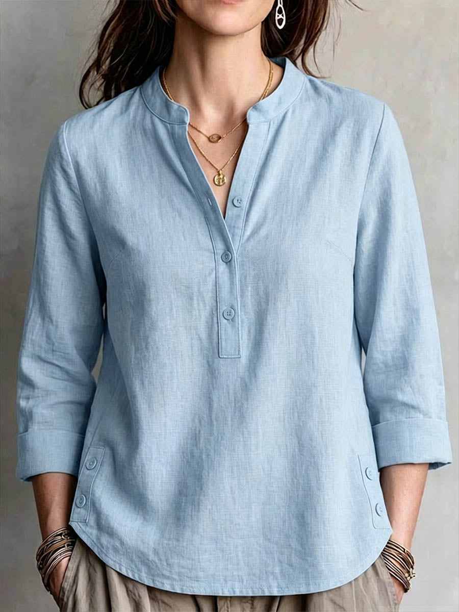 Women's Solid-color V-neck Long-sleeve Casual Loose Cotton-linen Top