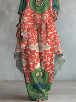 Women's Retro Floral Art Print Casual Stylish 3/4 Sleeve Cotton Linen Suits