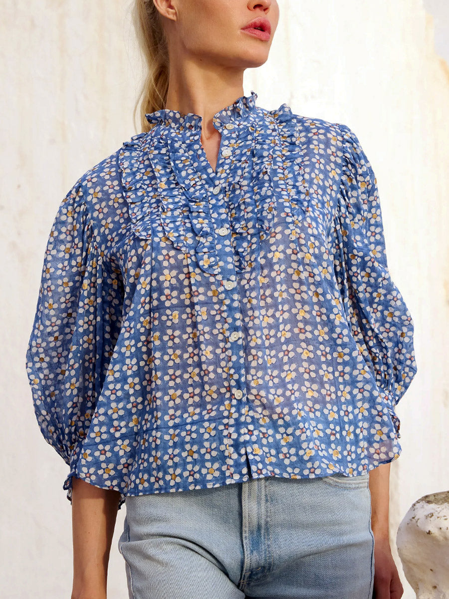 Women's Floral Ruffled Art Casual Stylish Cotton Linen Shirt