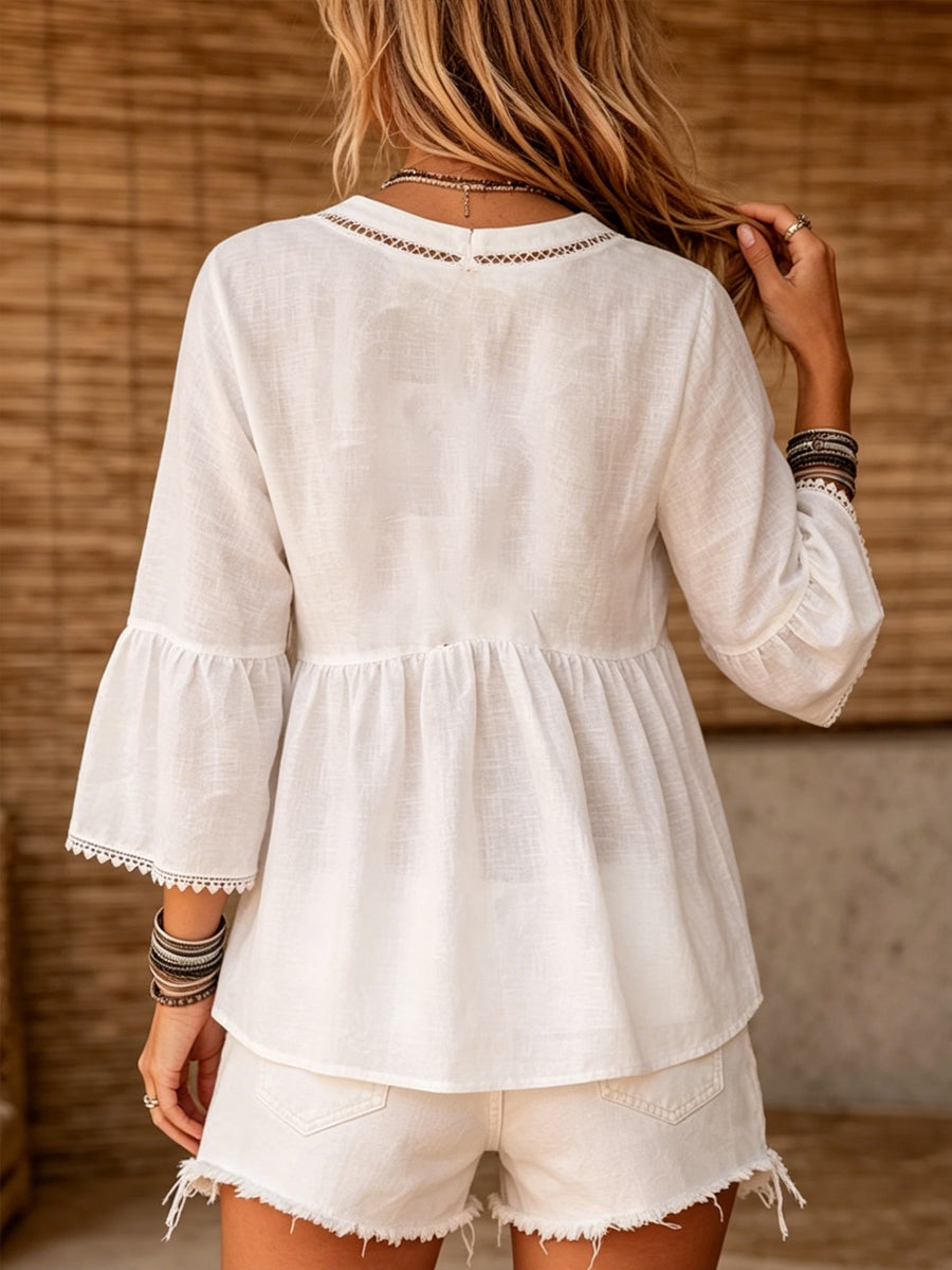 Women's Simple V-neck Cotton And Linen Top