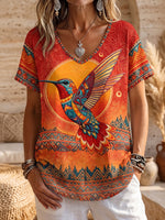 Retro Boho Hummingbird Print V-neck Cotton Top
